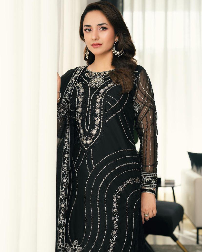 Pakistani Sharara in Black Color Georgette With Sequins Embroidery and Dupatta