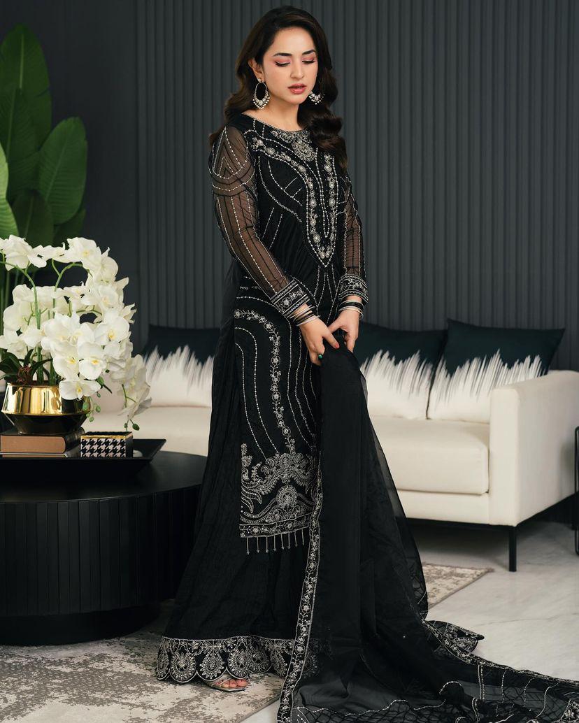 Pakistani Sharara in Black Color Georgette With Sequins Embroidery and Dupatta