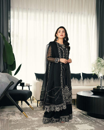 Pakistani Sharara in Black Color Georgette With Sequins Embroidery and Dupatta