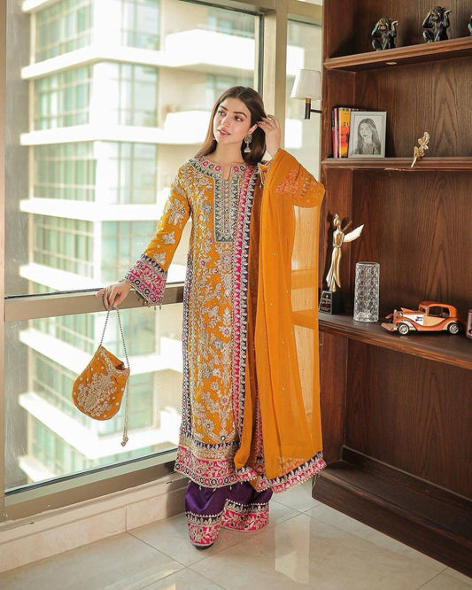 HEAVY EMBROIDERY WORK MUSTARD KURTA PALAZZO SET