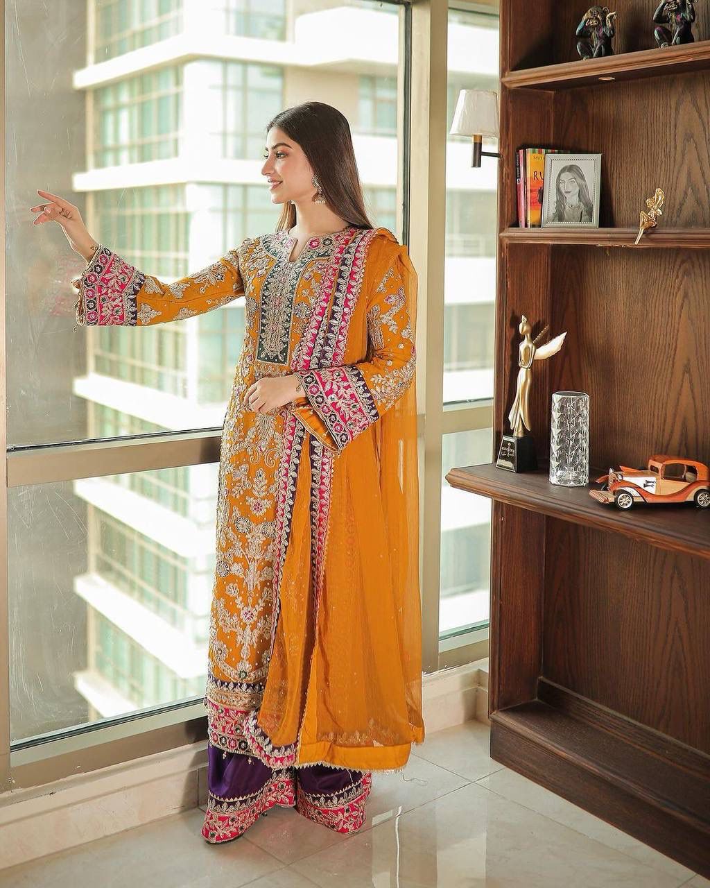 HEAVY EMBROIDERY WORK MUSTARD KURTA PALAZZO SET