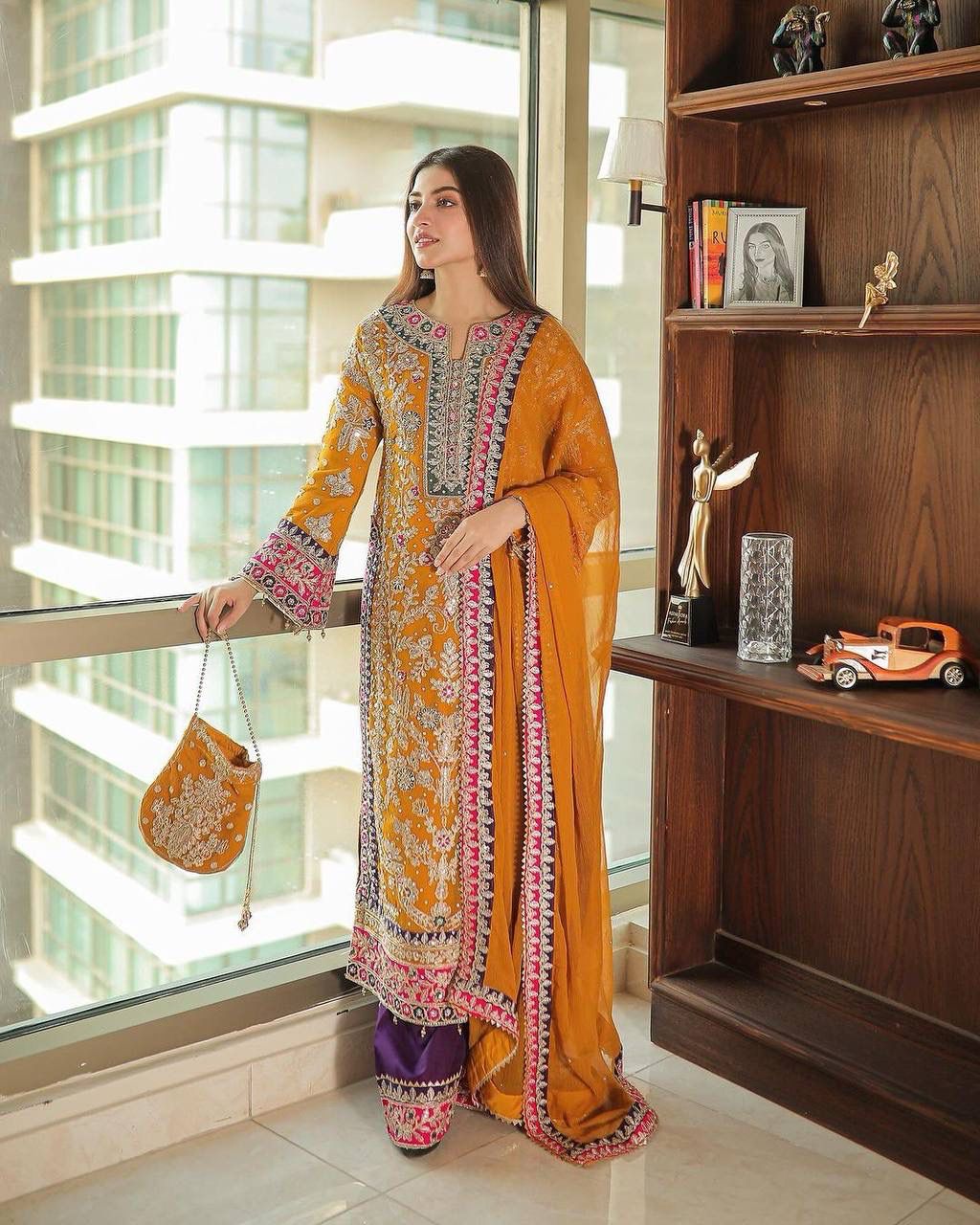 HEAVY EMBROIDERY WORK MUSTARD KURTA PALAZZO SET