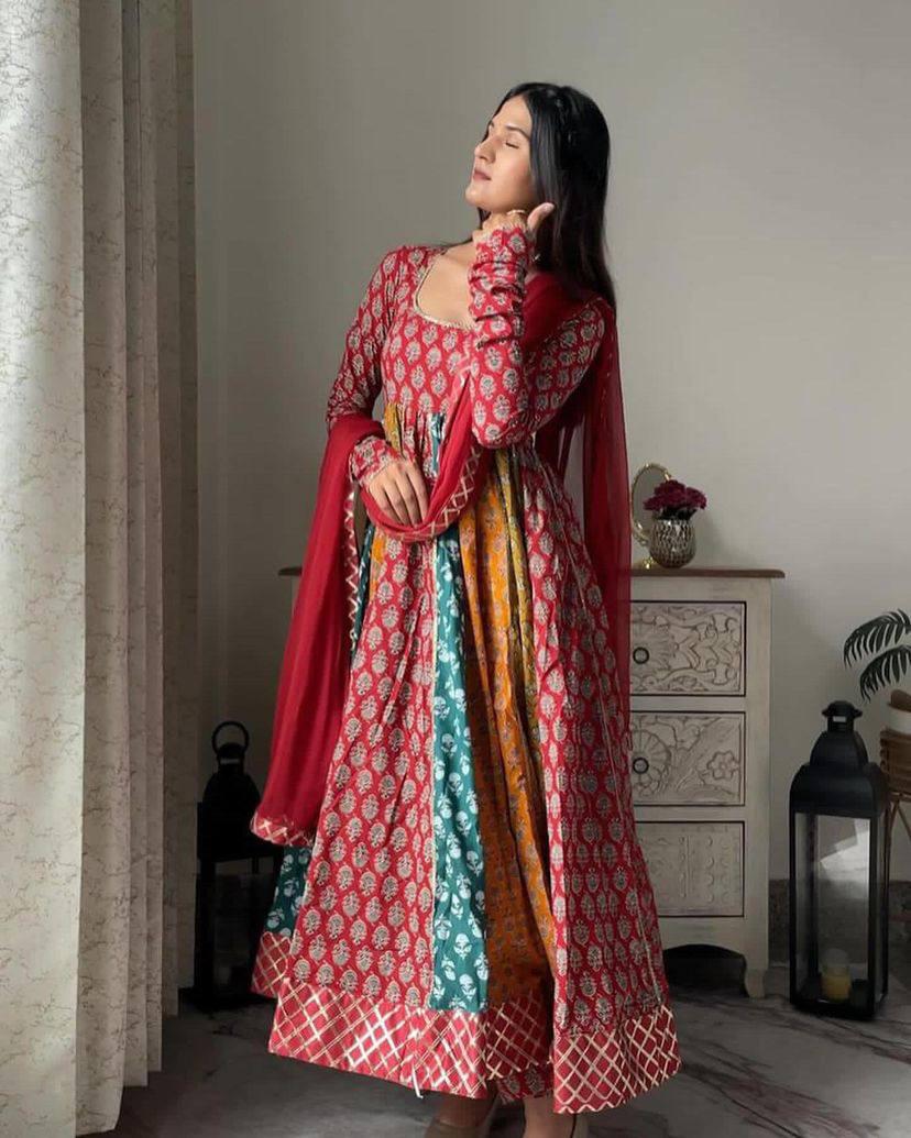 Firozi Tussar Silk Gown With Patola Print and Foil Work Beautiful Dupatta