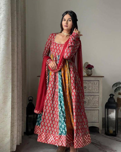 Firozi Tussar Silk Gown With Patola Print and Foil Work Beautiful Dupatta