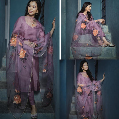 luxurious Beautiful pair of dusty lavendar kurta straight fit pants pair with duppta set KB-129