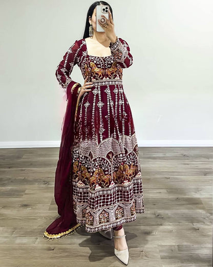 MAROON EMBROIDERED GEORGETTE PARTY WEAR ANARKALI SUIT