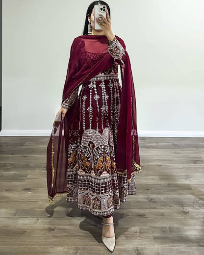 MAROON EMBROIDERED GEORGETTE PARTY WEAR ANARKALI SUIT