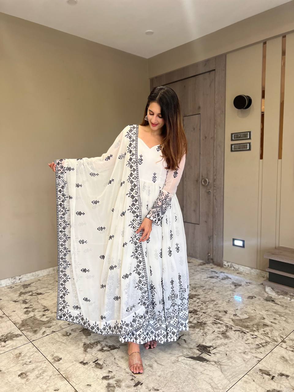 Ivory Anarkali Paired With Pants & Dupatta MF341