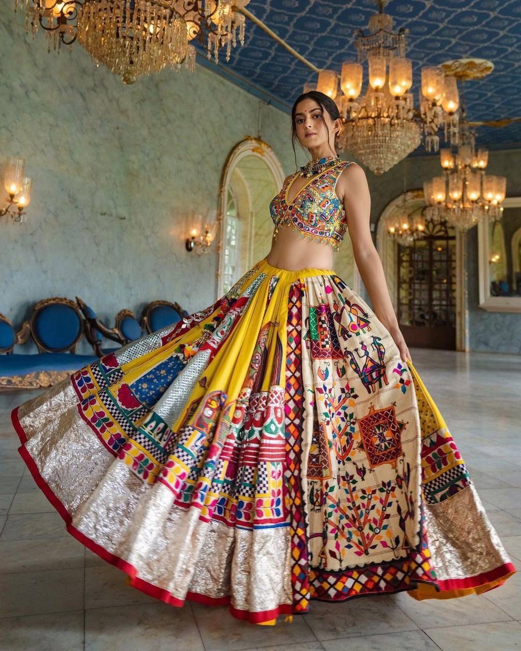 MULTICOLORED MIRROR WORK GRABA DANCE NAVRATRI LEHENGA CHOLI SF-1359