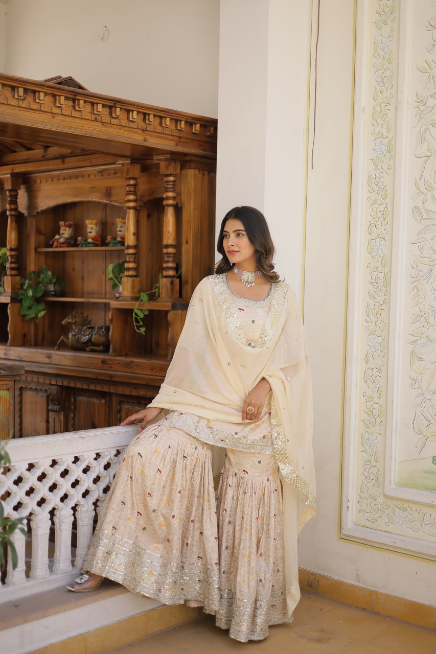 Bewitching Embroidered Jacquard Designer Sharara Suit Set