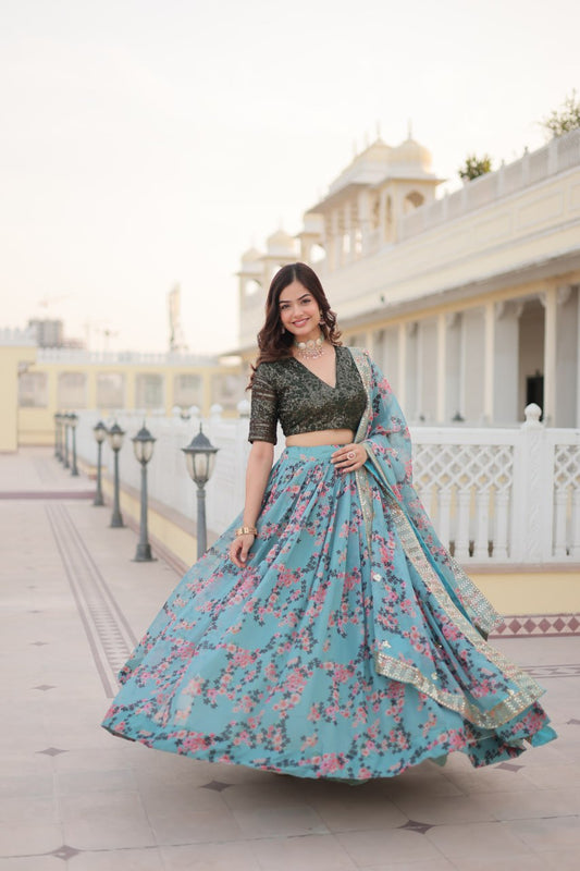 Marvelous Sky Blue Floral Printed Silk Sangeet Wear Lehenga Choli