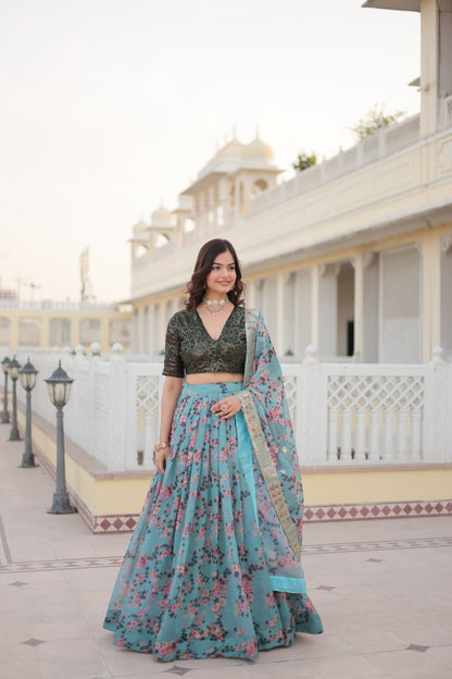 Marvelous Sky Blue Floral Printed Silk Sangeet Wear Lehenga Choli