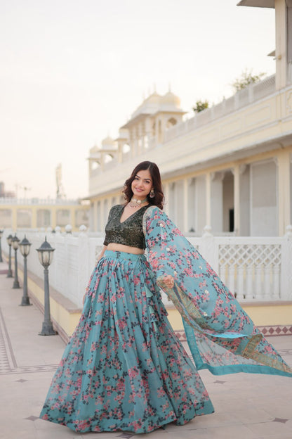 Marvelous Sky Blue Floral Printed Silk Sangeet Wear Lehenga Choli