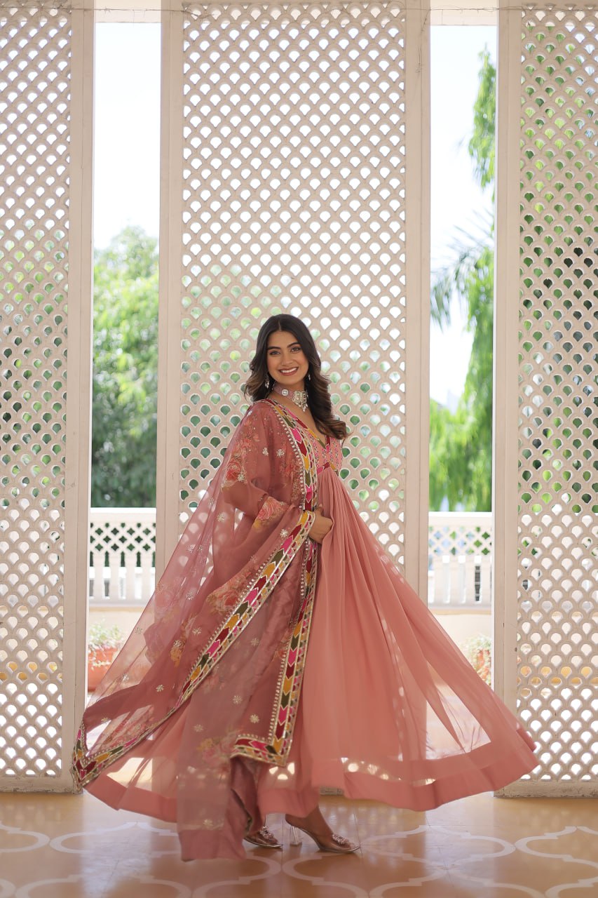 Fabulous Alia Cut Embroidery Georgette Gown With Dupatta