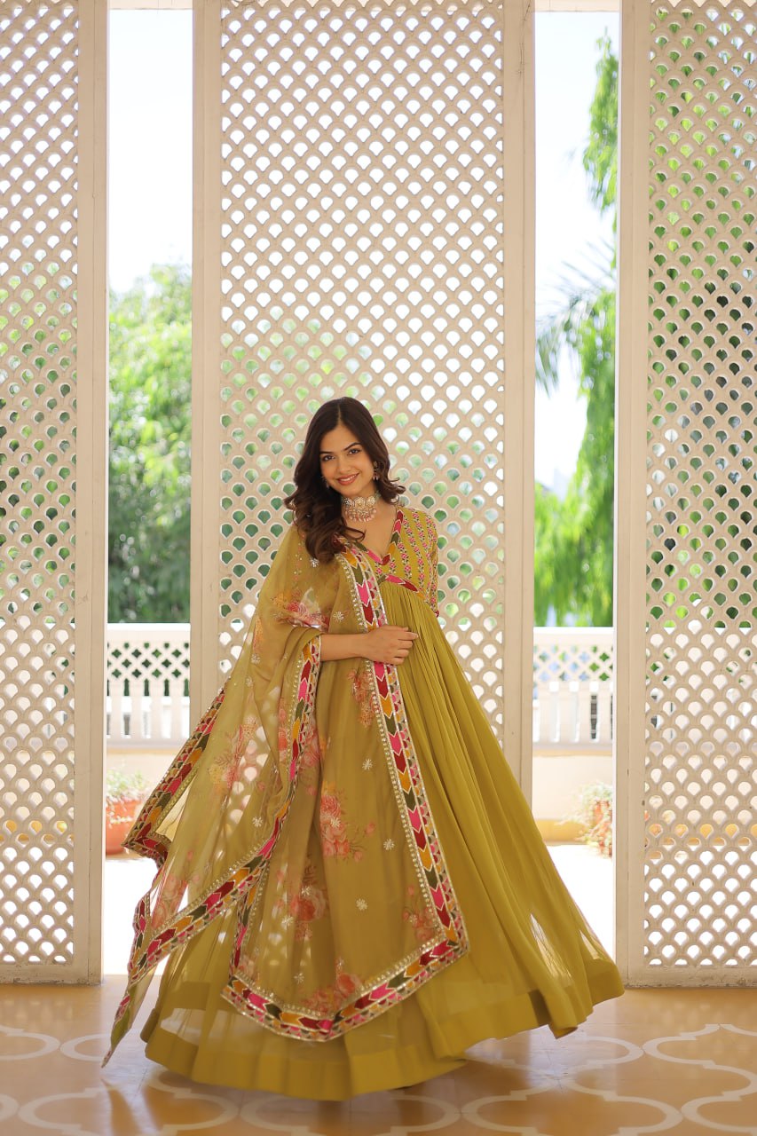 Fabulous Alia Cut Embroidery Georgette Gown With Dupatta