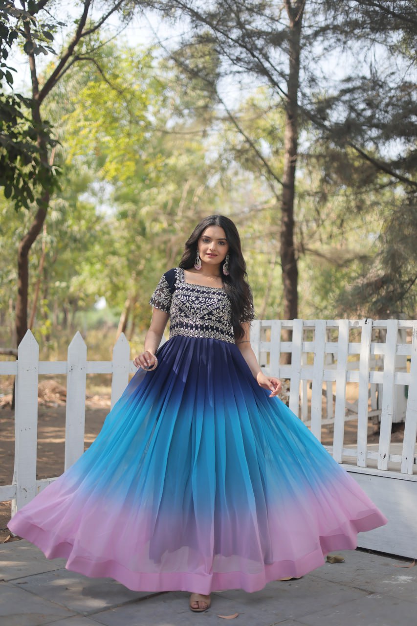 Mesmerizing Multi-Color Embroidered Georgette Reception Wear Gown