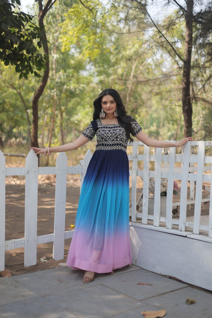 Mesmerizing Multi-Color Embroidered Georgette Reception Wear Gown