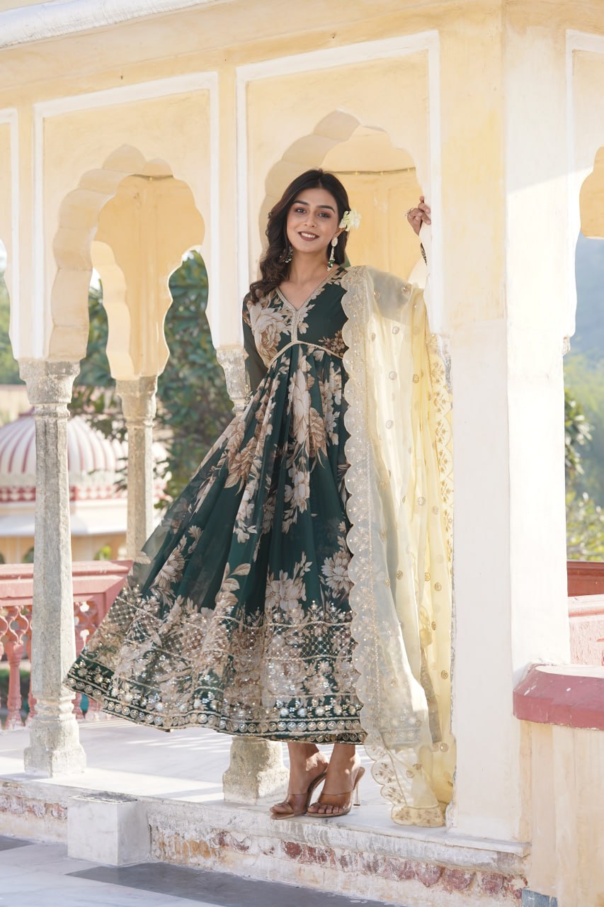 Clora Green Enchanting Printed Gown With Dupatta