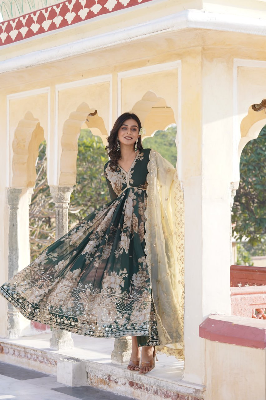 Clora Green Enchanting Printed Gown With Dupatta