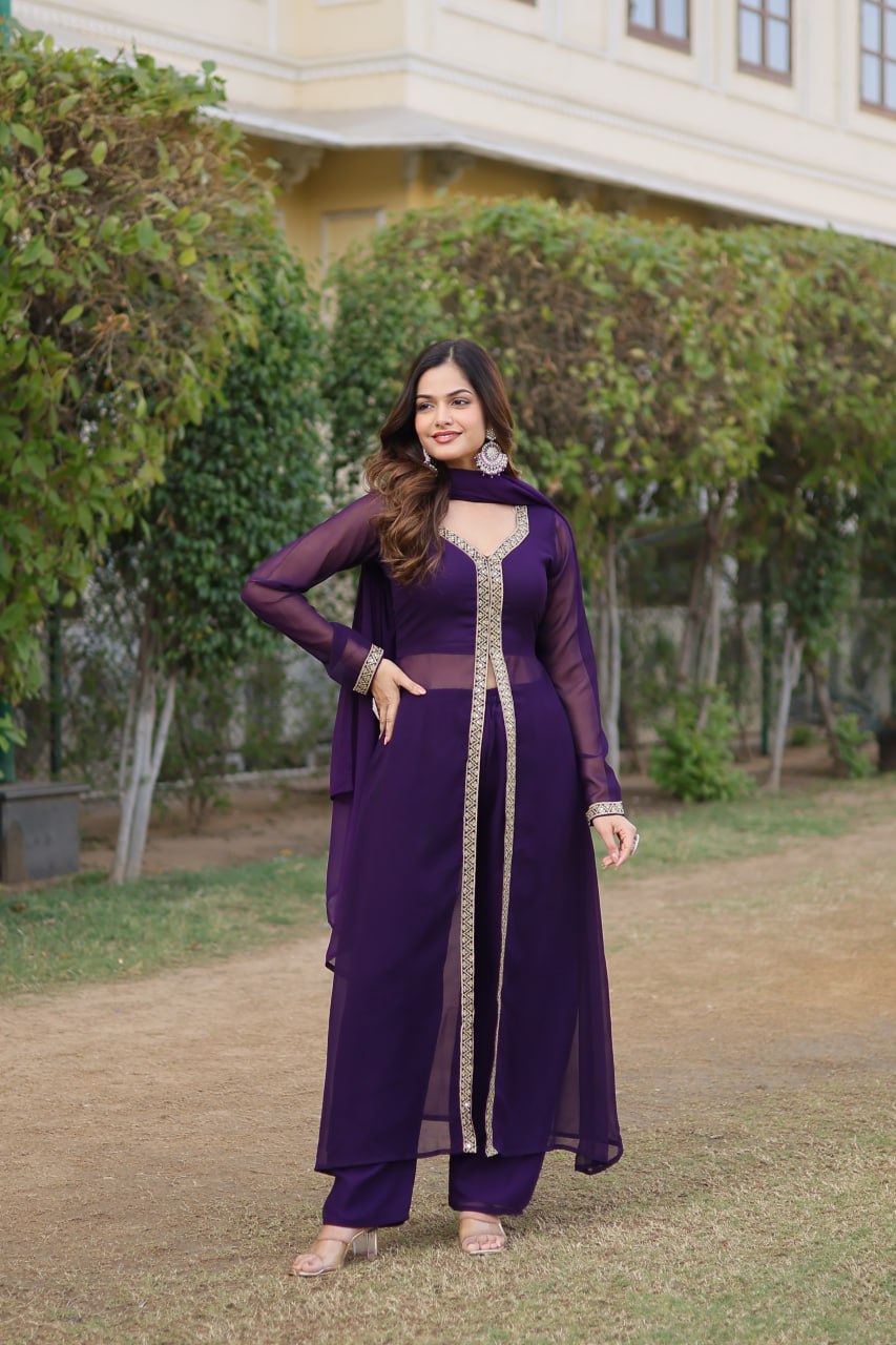 Mahamaya Pink And Purple Georgette Middle Slit Kurti Set