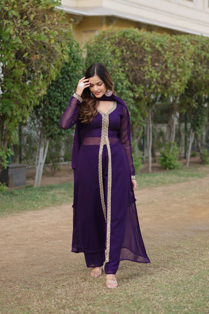 Mahamaya Pink And Purple Georgette Middle Slit Kurti Set