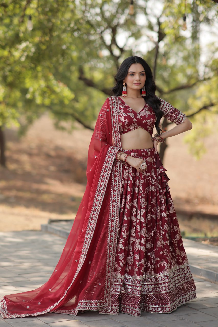 Attractive Pure Viscose Jacquard Lehenga Choli & Dupatta Set