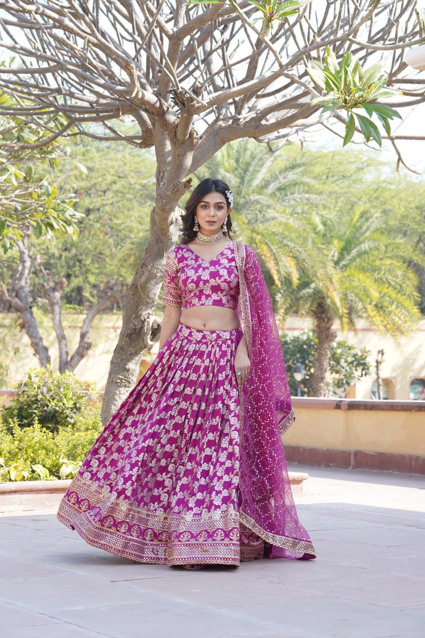 Charming Multi Embroidered Jacquard Wedding Wear Lehenga Choli