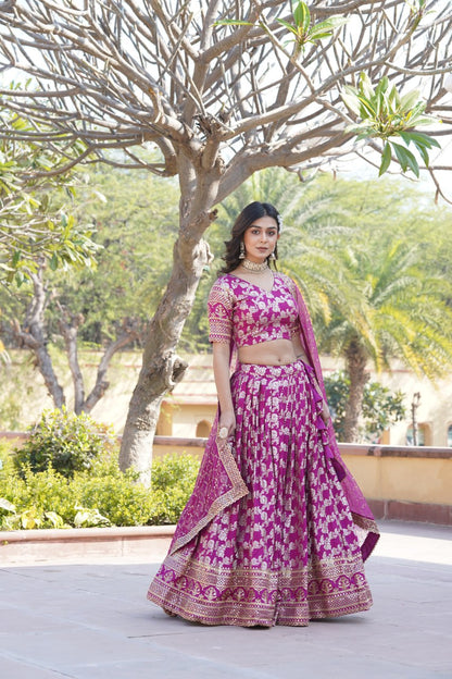 Charming Multi Embroidered Jacquard Wedding Wear Lehenga Choli