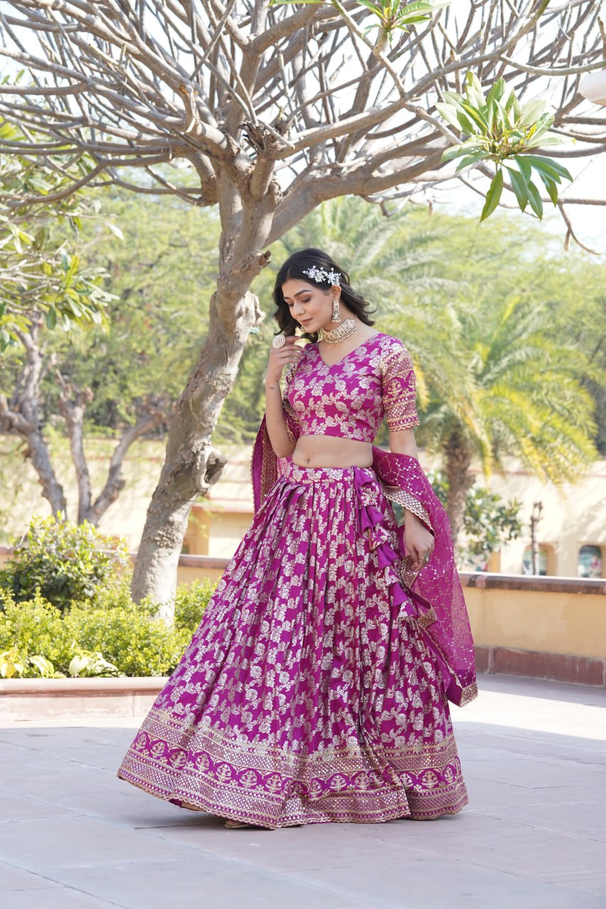 Charming Multi Embroidered Jacquard Wedding Wear Lehenga Choli