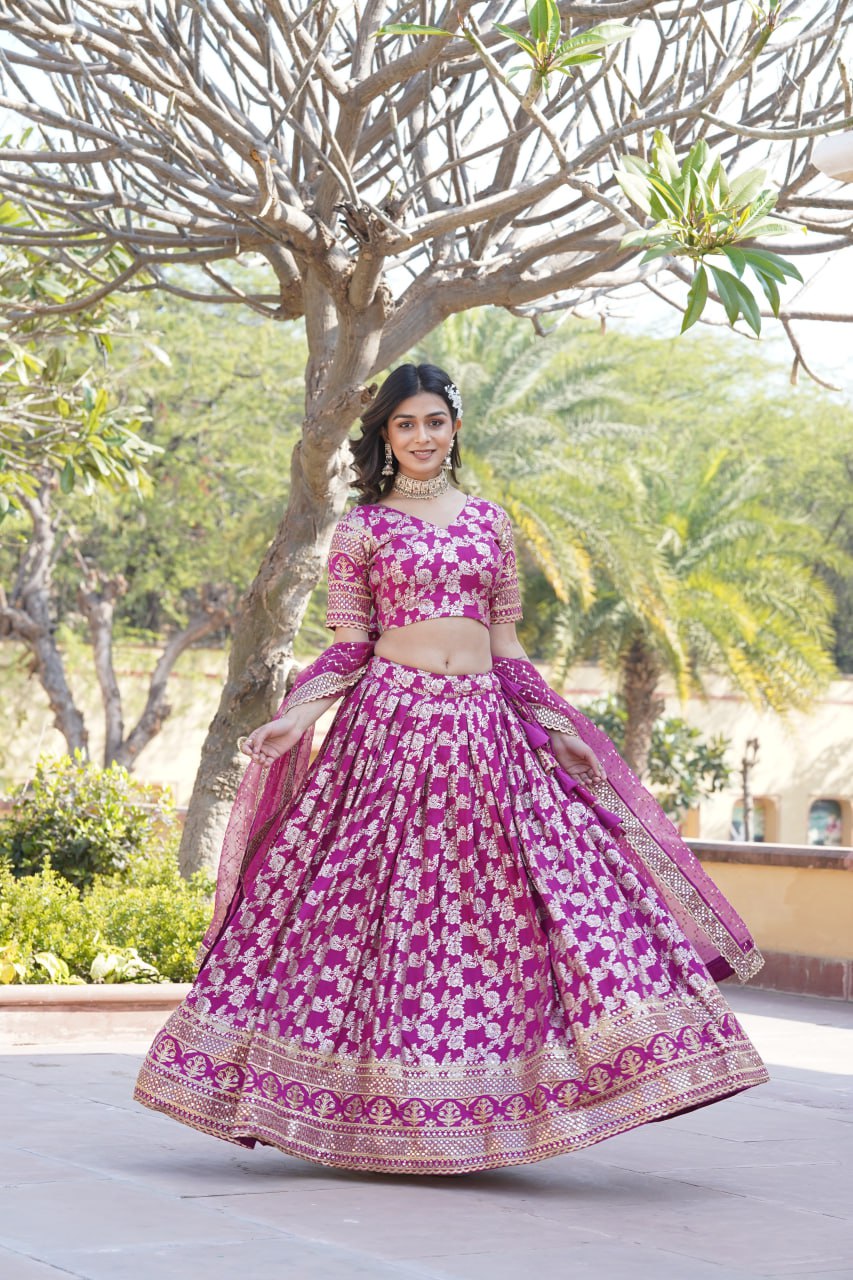 Charming Multi Embroidered Jacquard Wedding Wear Lehenga Choli