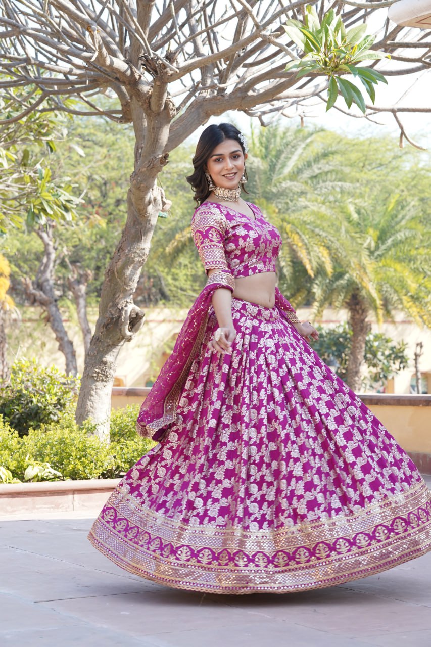 Charming Multi Embroidered Jacquard Wedding Wear Lehenga Choli