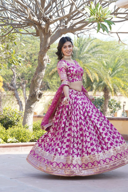 Charming Multi Embroidered Jacquard Wedding Wear Lehenga Choli