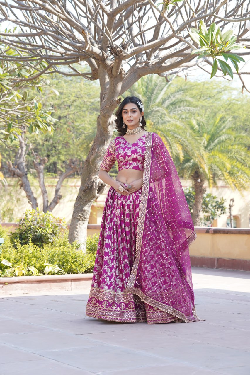 Charming Multi Embroidered Jacquard Wedding Wear Lehenga Choli