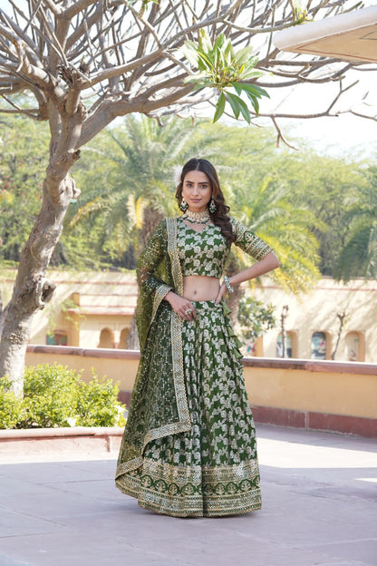 Charming Multi Embroidered Jacquard Wedding Wear Lehenga Choli