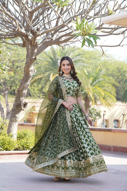 Charming Multi Embroidered Jacquard Wedding Wear Lehenga Choli