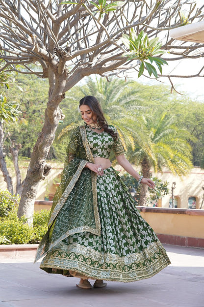 Charming Multi Embroidered Jacquard Wedding Wear Lehenga Choli