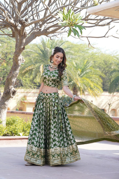 Charming Multi Embroidered Jacquard Wedding Wear Lehenga Choli