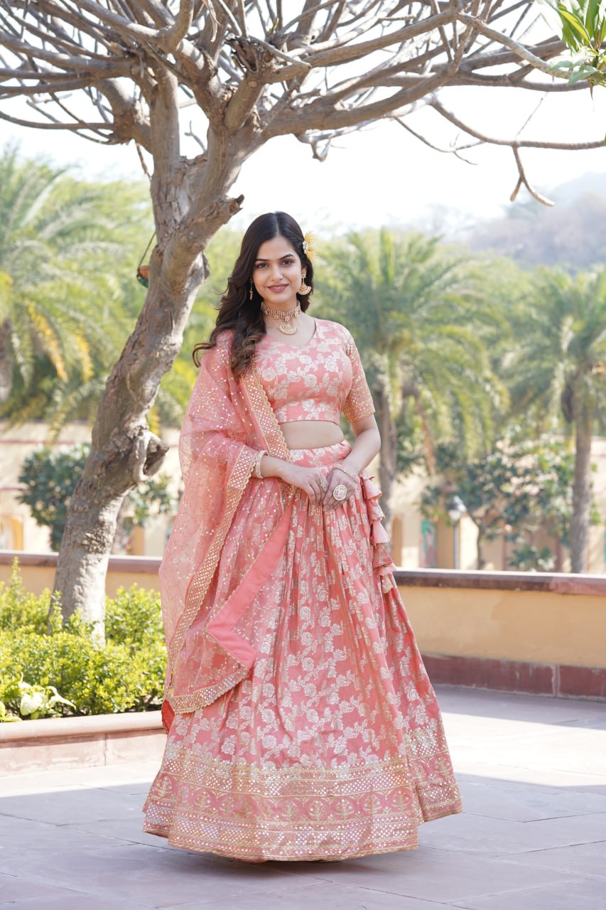 Charming Multi Embroidered Jacquard Wedding Wear Lehenga Choli