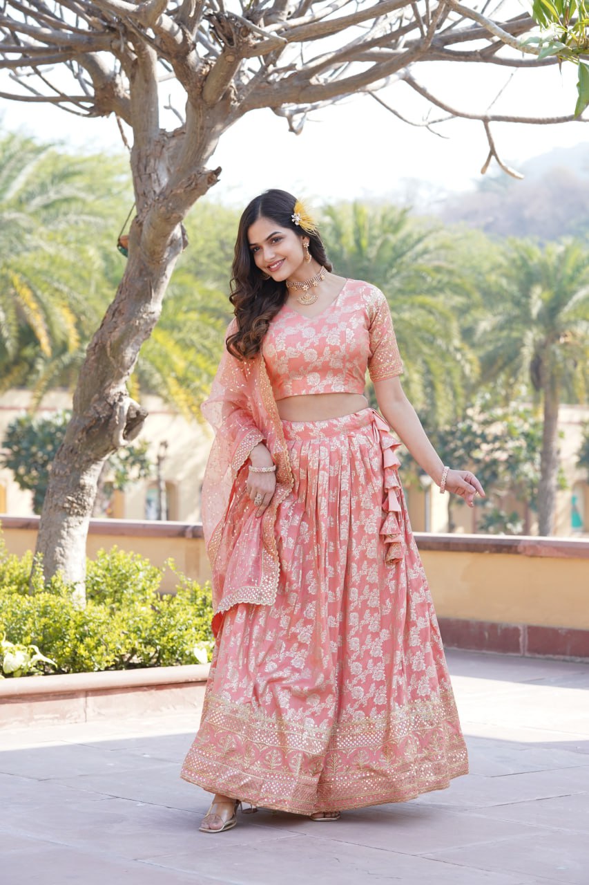 Charming Multi Embroidered Jacquard Wedding Wear Lehenga Choli