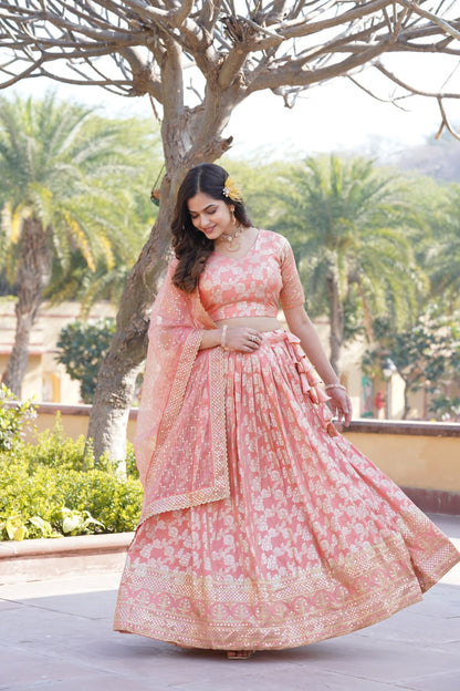 Charming Multi Embroidered Jacquard Wedding Wear Lehenga Choli