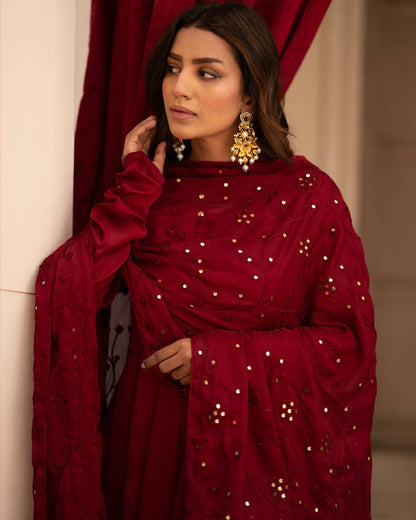 Glamorous Maroon Roman Cotton Anarkali Suit Set