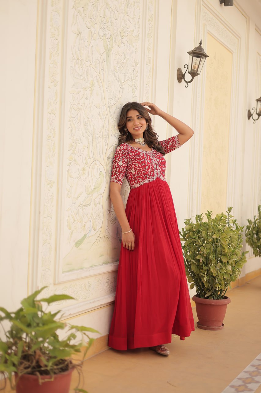 Adorable Embroidered Georgette Reception Wear Gown