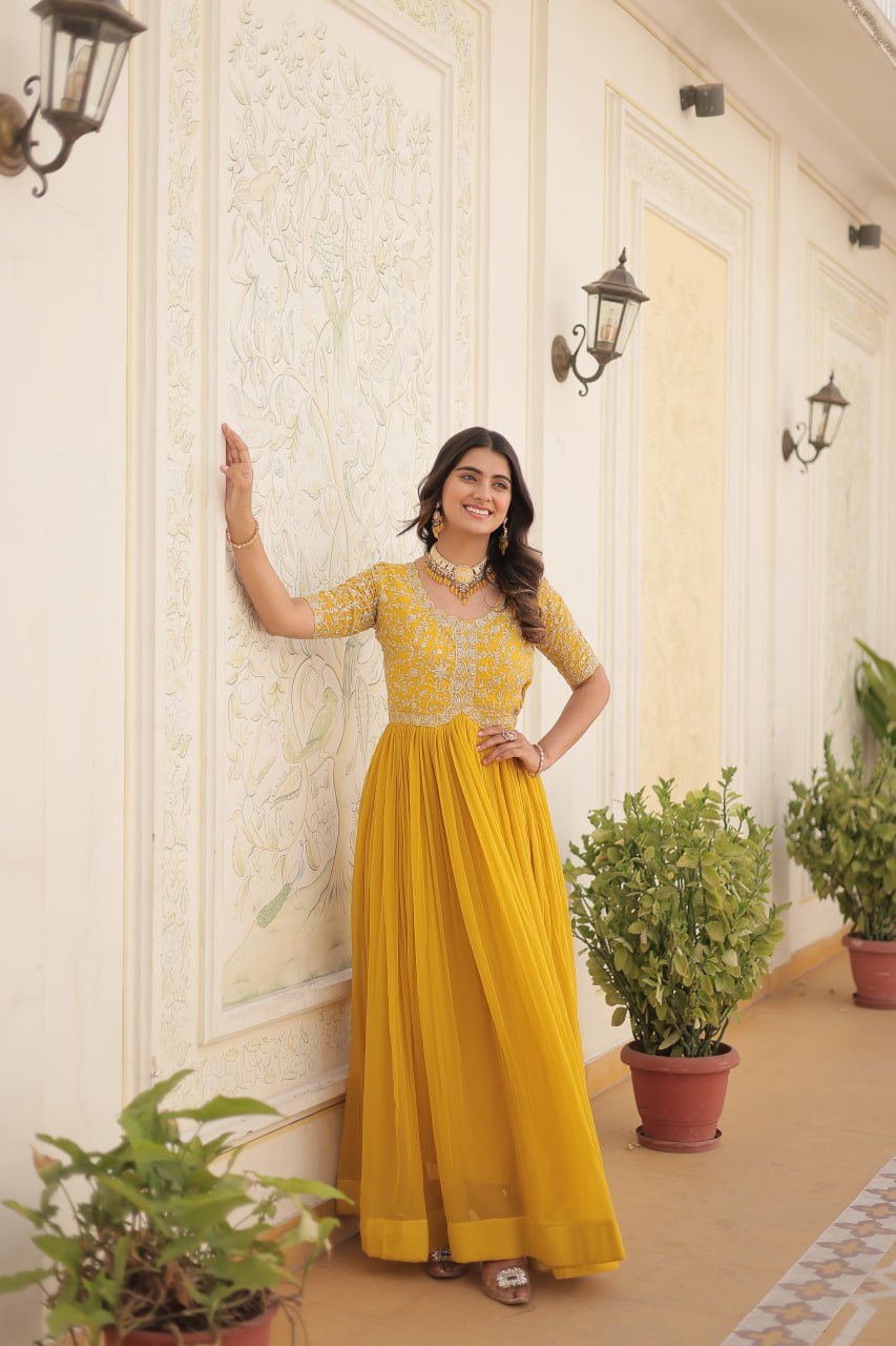 Adorable Embroidered Georgette Reception Wear Gown