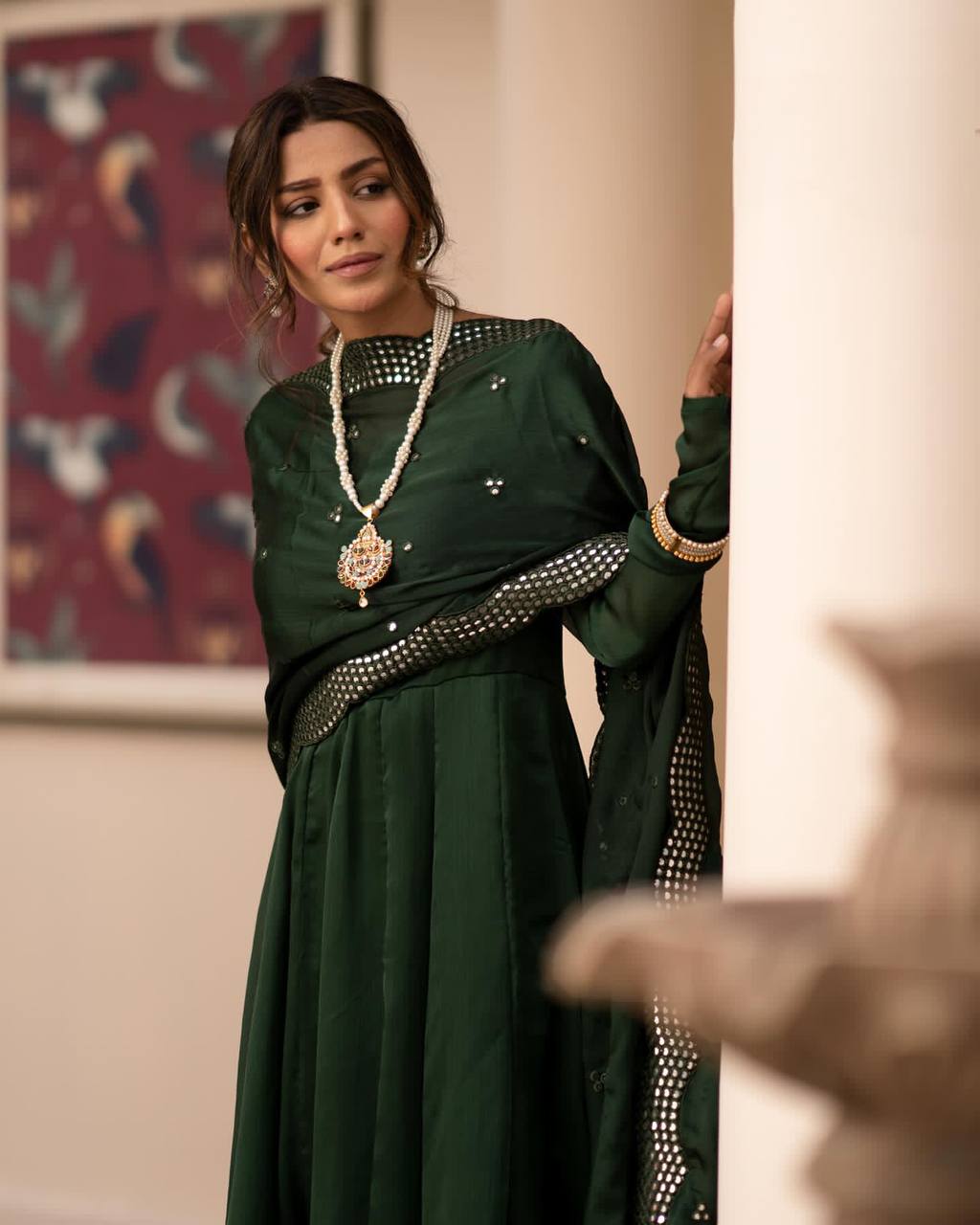 Suhana Green Sequin Embellished Dupatta With Gown