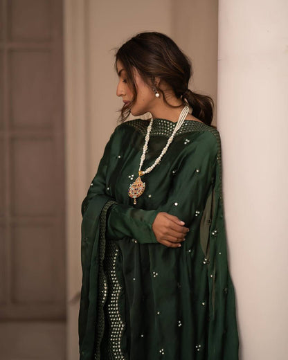 Suhana Green Sequin Embellished Dupatta With Gown