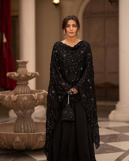 Suhana Black Sequin Embellished Dupatta With Gown