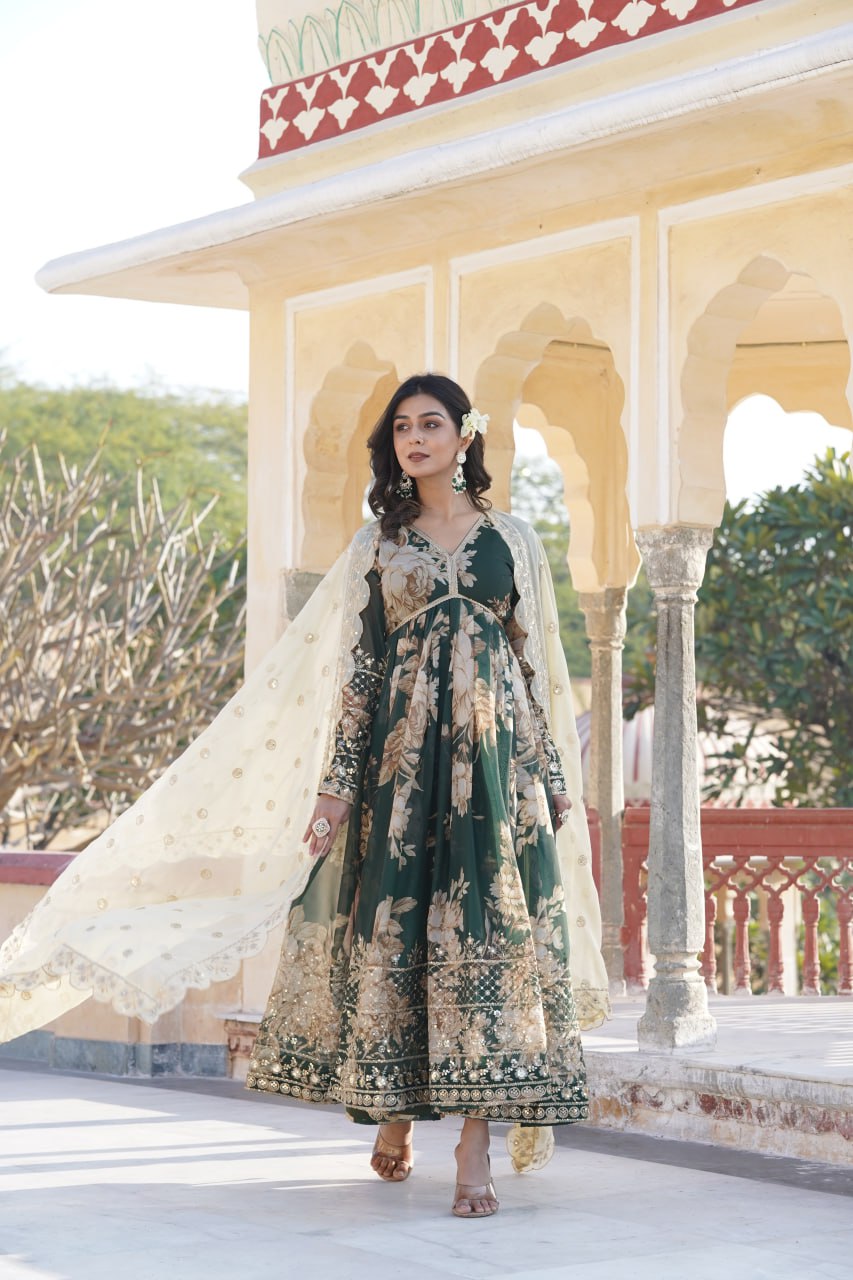 Clora Green Enchanting Printed Gown With Dupatta