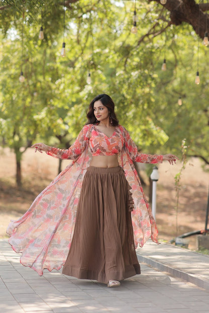 Fuchsia Elegant Floral Print Long Shrug Set