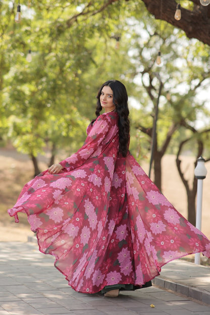 Fuchsia Elegant Floral Print Long Shrug Set