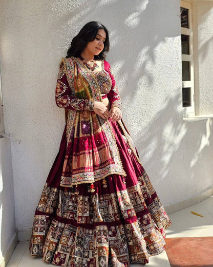 Traditional Maroon Lehenga with Rich Embroidery and Printed Border Lehenga Choli